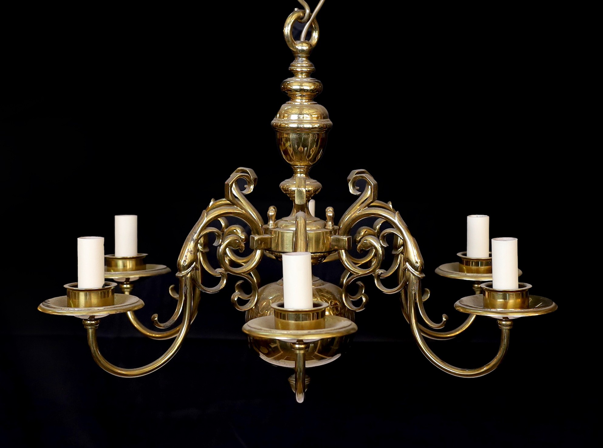 A pair of Dutch 17th century style lacquered bronze six light chandeliers, height 50cm. width 60cm